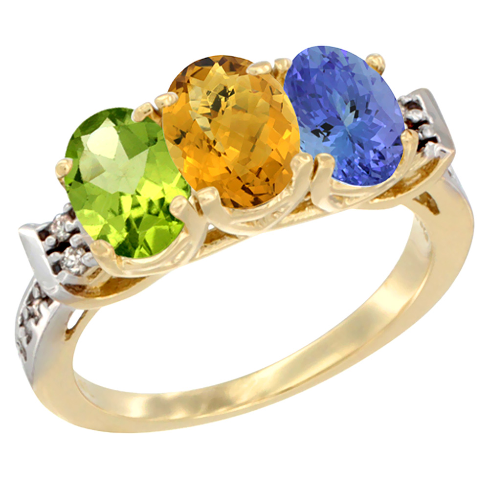 10K Yellow Gold Natural Peridot, Whisky Quartz & Tanzanite Ring 3-Stone Oval 7x5 mm Diamond Accent, sizes 5 - 10