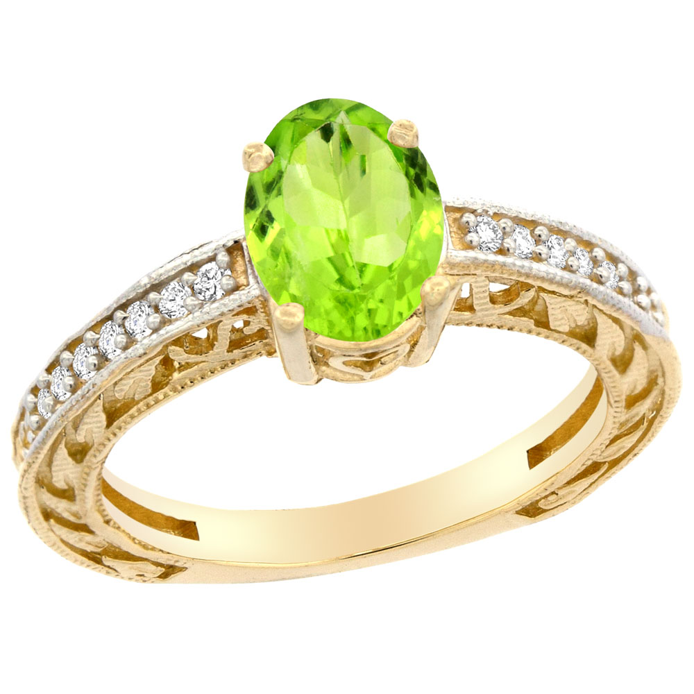 10K Gold Natural Peridot Ring Oval 8x6 mm Diamond Accents, sizes 5 - 10