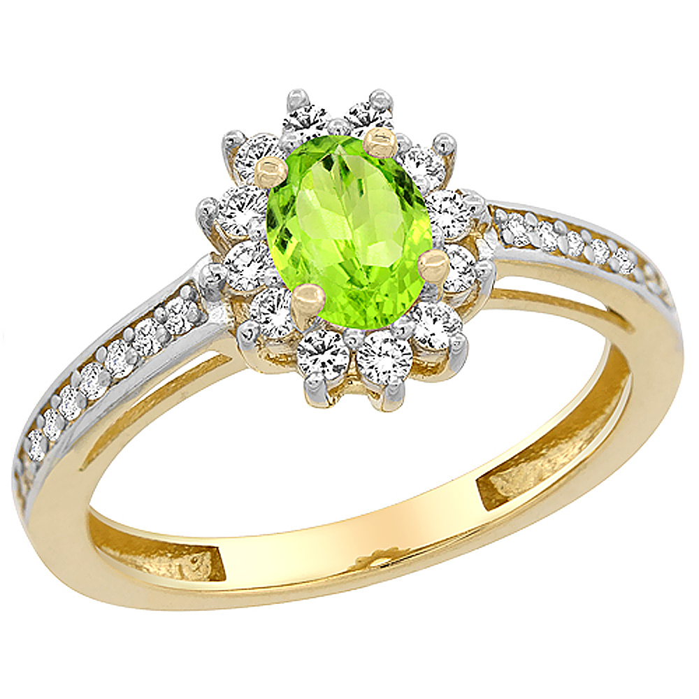 10K Yellow Gold Natural Peridot Flower Halo Ring Oval 6x4 mm Diamond Accents, sizes 5 - 10