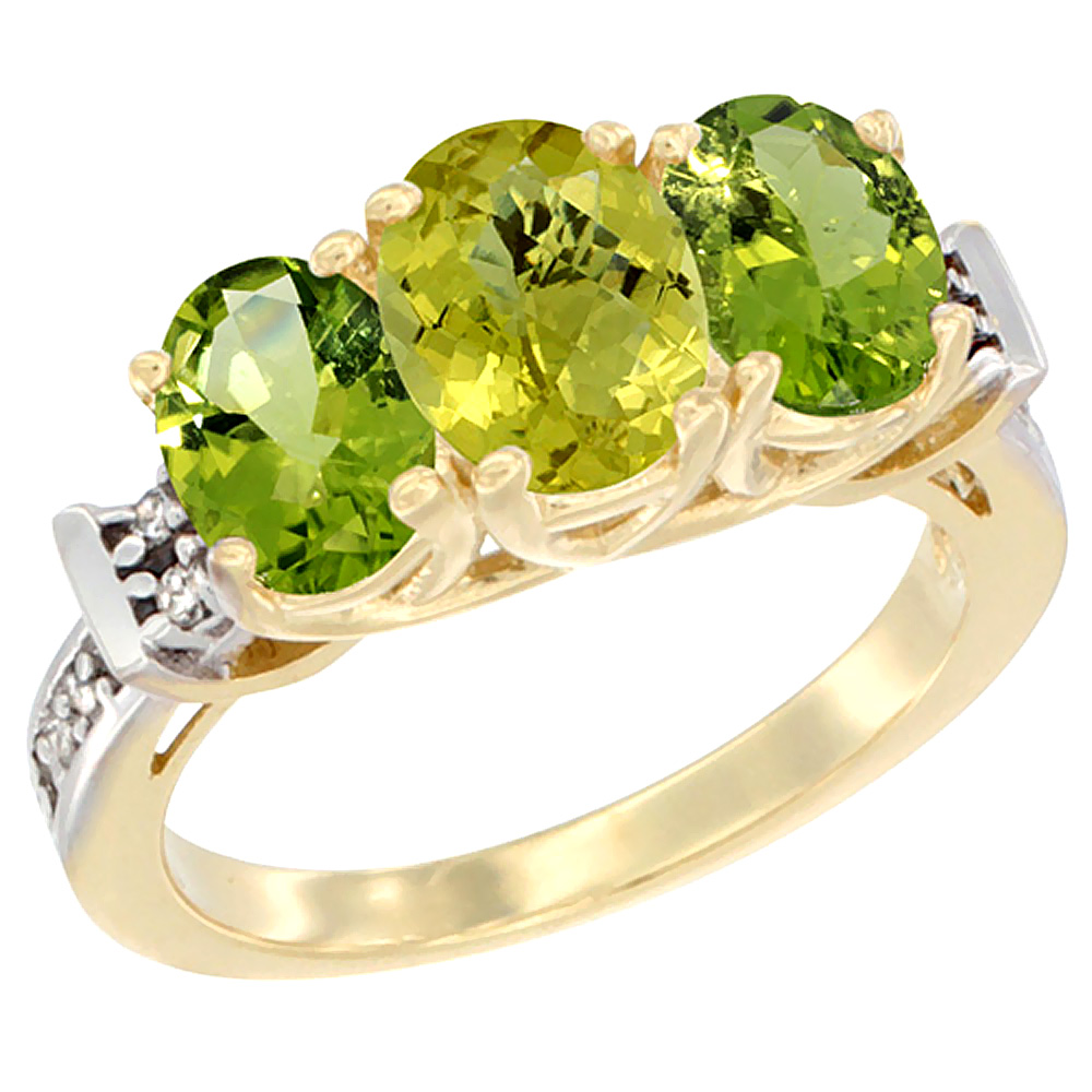 10K Yellow Gold Natural Lemon Quartz & Peridot Sides Ring 3-Stone Oval Diamond Accent, sizes 5 - 10