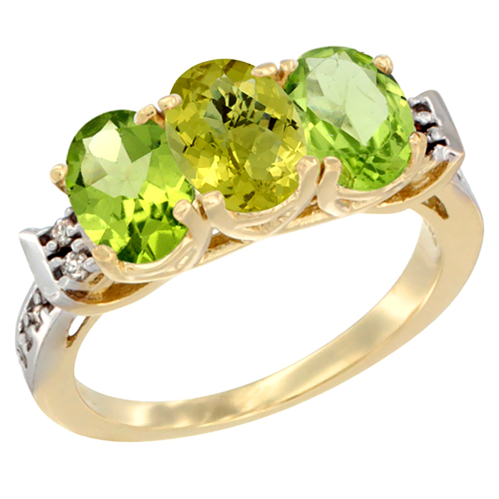 10K Yellow Gold Natural Lemon Quartz & Peridot Sides Ring 3-Stone Oval 7x5 mm Diamond Accent, sizes 5 - 10