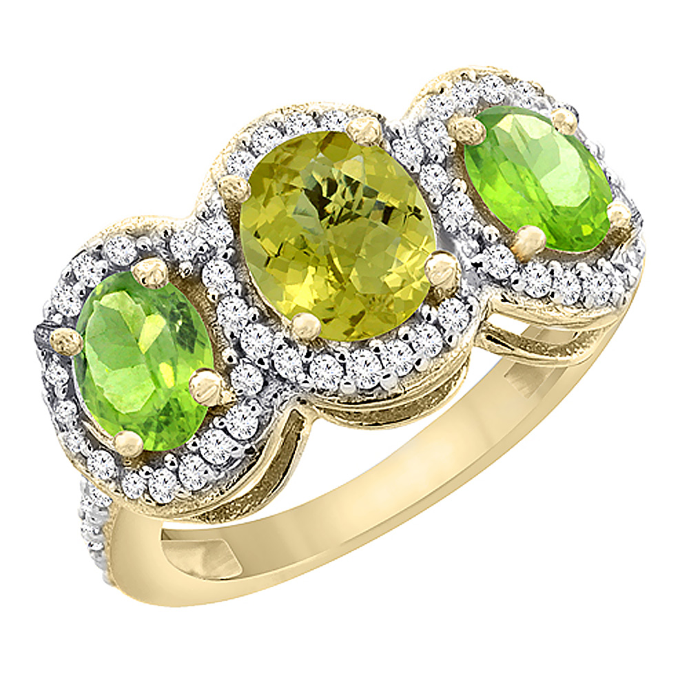 10K Yellow Gold Natural Lemon Quartz & Peridot 3-Stone Ring Oval Diamond Accent, sizes 5 - 10