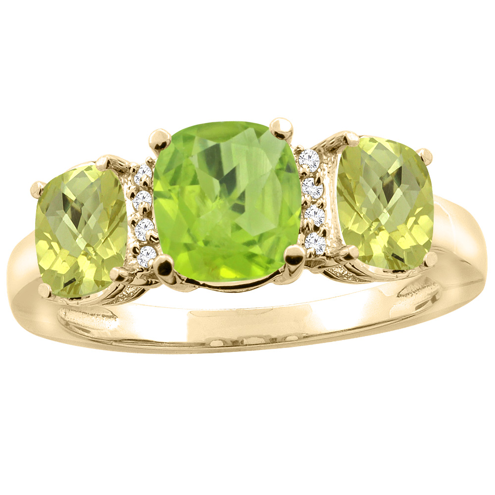 10K Yellow Gold Natural Peridot & Lemon Quartz 3-stone Ring Cushion 8x6mm Diamond Accent, sizes 5 - 10