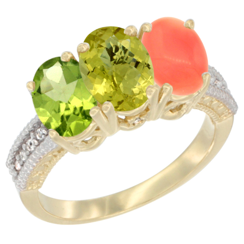 10K Yellow Gold Natural Peridot, Lemon Quartz & Coral Ring 3-Stone Oval 7x5 mm, sizes 5 - 10