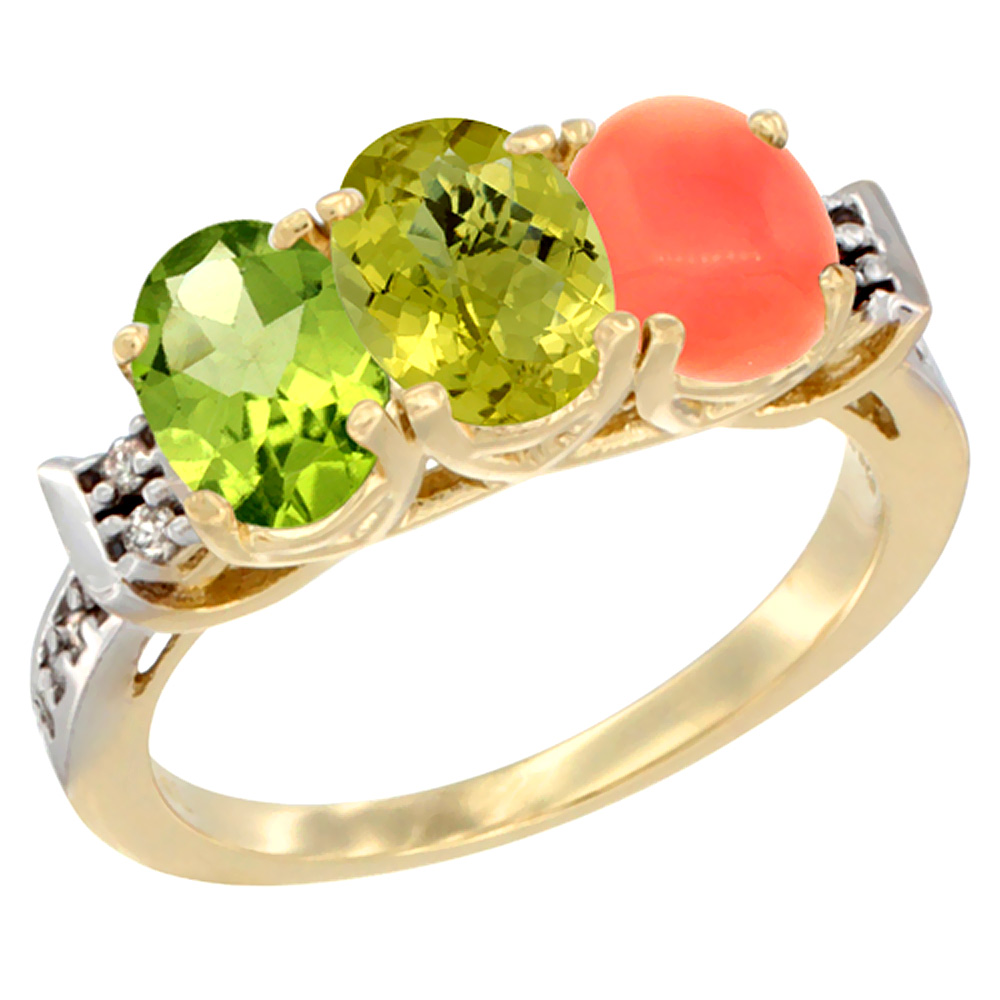 10K Yellow Gold Natural Peridot, Lemon Quartz & Coral Ring 3-Stone Oval 7x5 mm Diamond Accent, sizes 5 - 10
