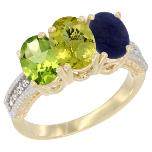 10K Yellow Gold Natural Peridot, Lemon Quartz & Lapis Ring 3-Stone Oval 7x5 mm, sizes 5 - 10