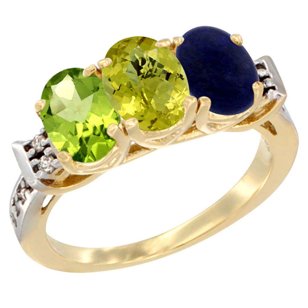 10K Yellow Gold Natural Peridot, Lemon Quartz & Lapis Ring 3-Stone Oval 7x5 mm Diamond Accent, sizes 5 - 10
