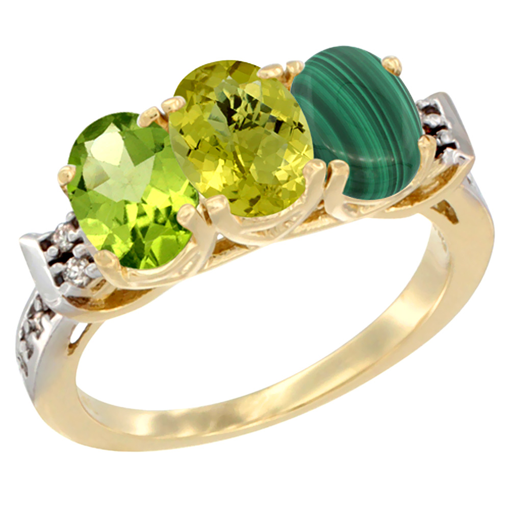 10K Yellow Gold Natural Peridot, Lemon Quartz & Malachite Ring 3-Stone Oval 7x5 mm Diamond Accent, sizes 5 - 10