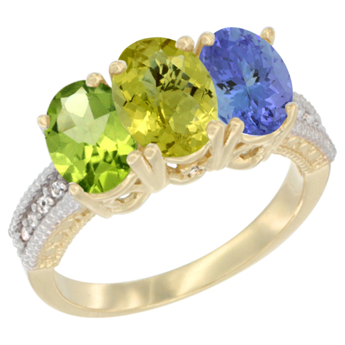 10K Yellow Gold Natural Peridot, Lemon Quartz & Tanzanite Ring 3-Stone Oval 7x5 mm, sizes 5 - 10