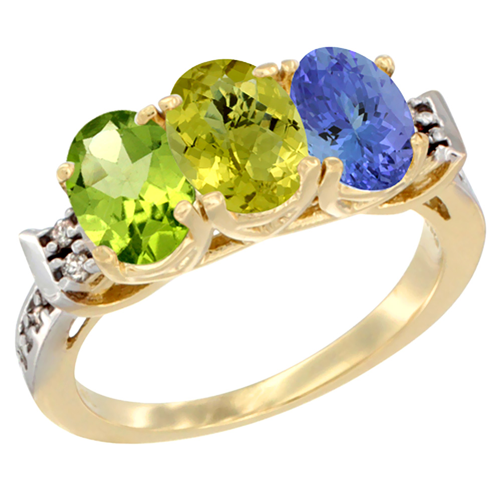10K Yellow Gold Natural Peridot, Lemon Quartz & Tanzanite Ring 3-Stone Oval 7x5 mm Diamond Accent, sizes 5 - 10