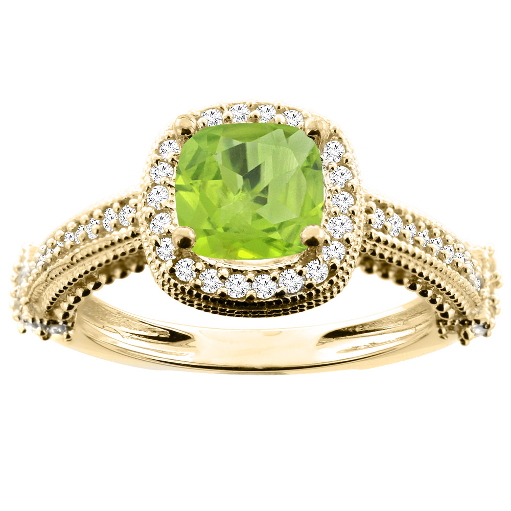 14K White/Yellow/Rose Gold Natural Peridot Ring Cushion 7x7mm Diamond Accent 7/16 inch wide, size 5
