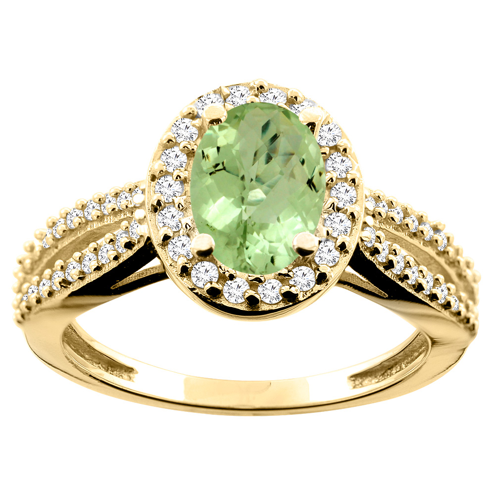 10K White/Yellow/Rose Gold Natural Peridot Ring Oval 8x6mm Diamond Accent, size 5