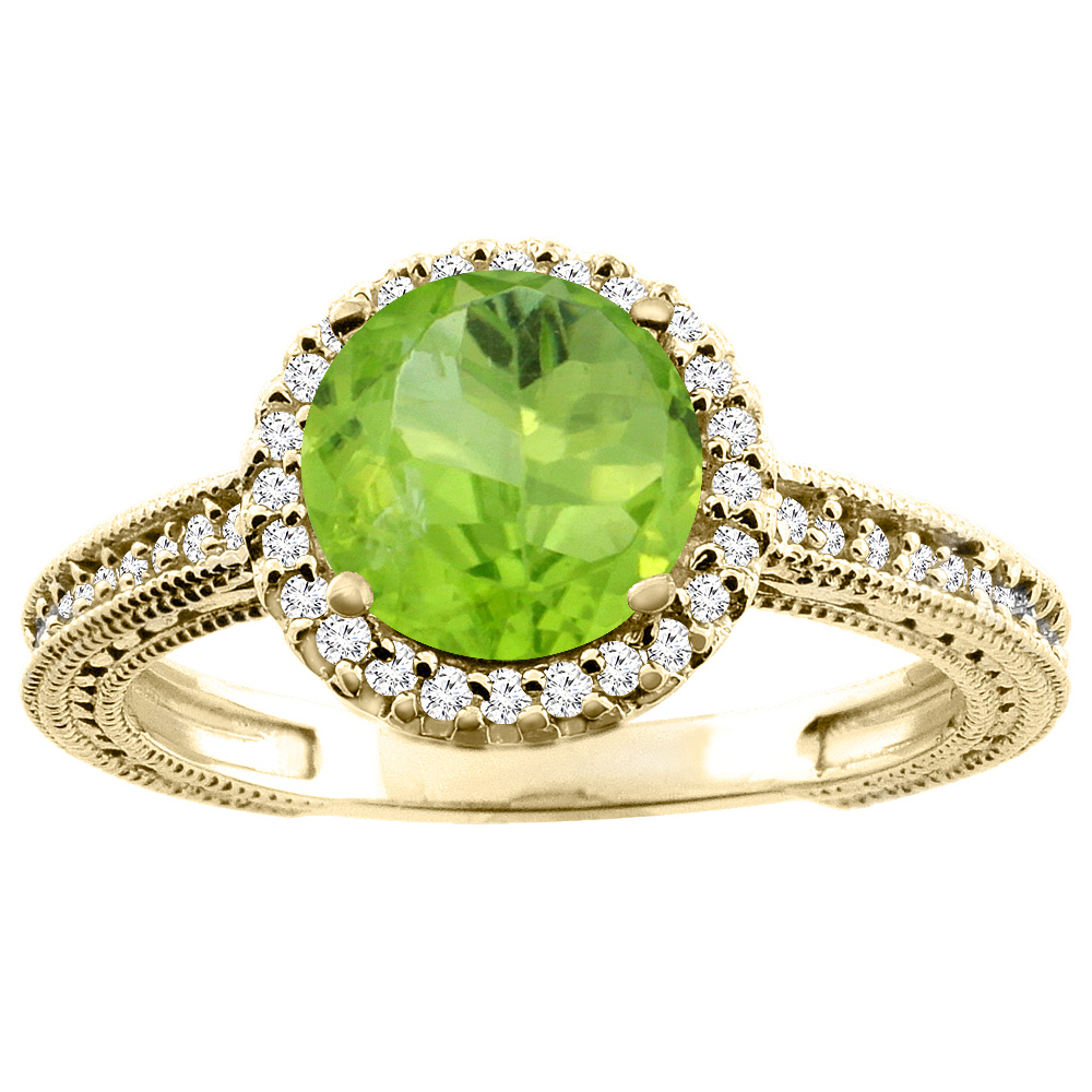 10K White/Yellow/Rose Gold Natural Peridot Ring Round 7mm Diamond Accent, sizes 5 - 10