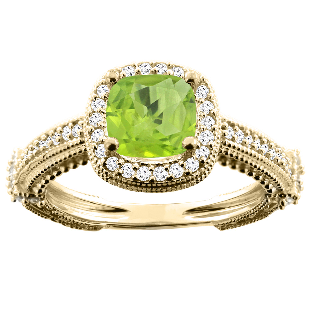 10K White/Yellow/Rose Gold Natural Peridot Ring Cushion 7x7mm Diamond Accent, sizes 5 - 10