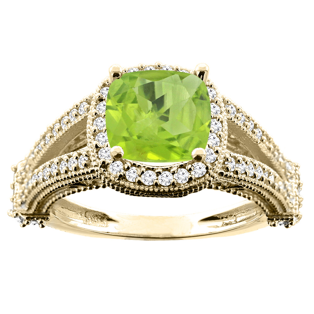 10K White/Yellow/Rose Gold Natural Peridot Split Shank Ring Cushion 7x7mm Diamond Accent, sizes 5 - 10