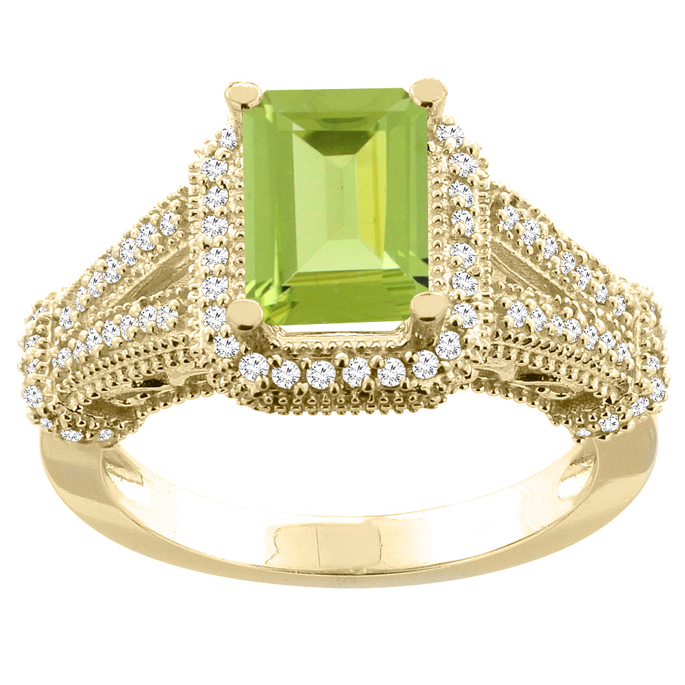 10K White/Yellow/Rose Gold Natural Peridot Ring Octagon 8x6mm Diamond Accent, sizes 5-10