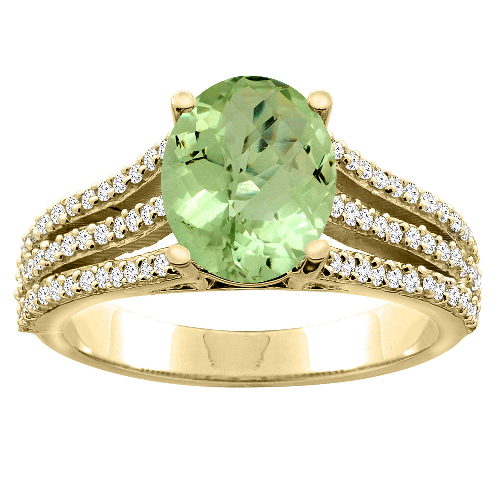 10K Yellow Gold Natural Peridot Tri-split Ring Cushion-cut 8x6mm Diamond Accents 5/16 inch wide, sizes 5 - 10