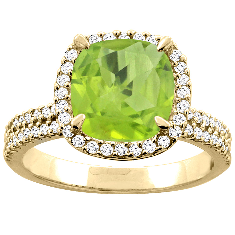 10K Yellow Gold Natural Peridot Halo Ring Cushion 9x9mm Diamond Accent, sizes 5 - 10