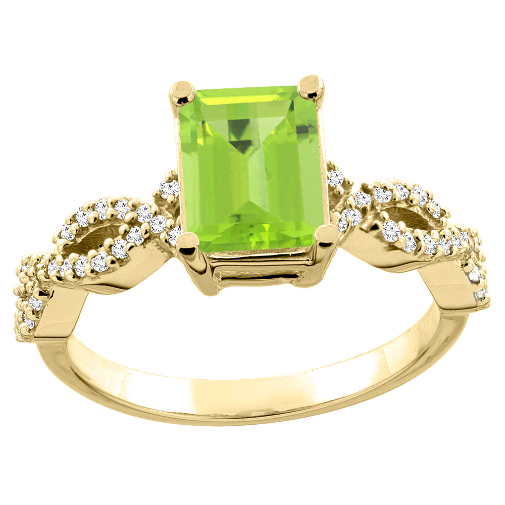 10K White/Yellow Gold Natural Peridot Eternity Ring Octagon 9x7mm Diamond Accent, sizes 5 - 10