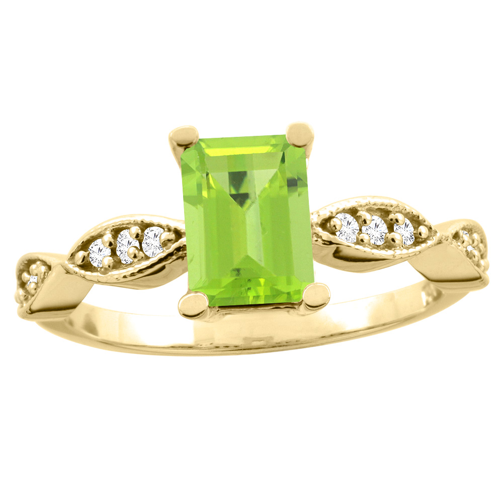 10K White/Yellow Gold Natural Peridot Ring Octagon 8x6mm Diamond Accent, sizes 5 - 10