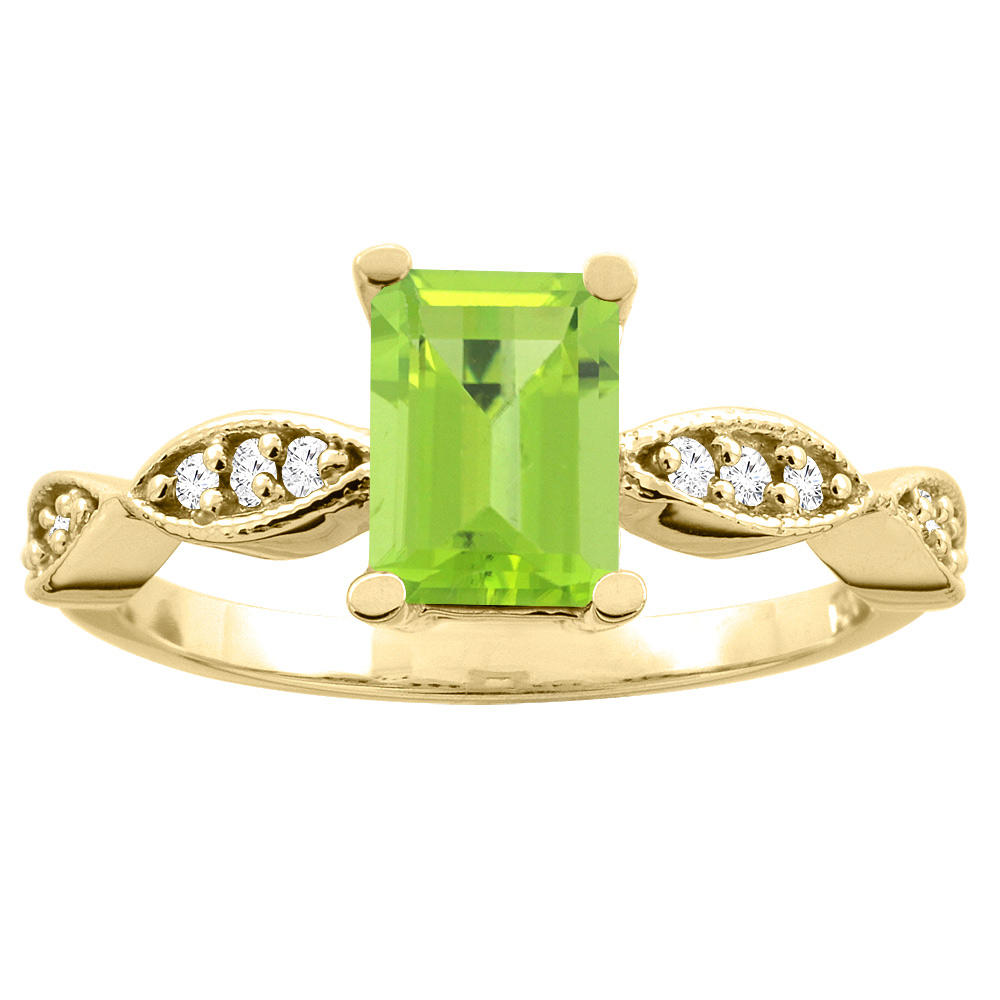 10K White/Yellow Gold Natural Peridot Ring Octagon 7x5mm Diamond Accents, sizes 5 -10