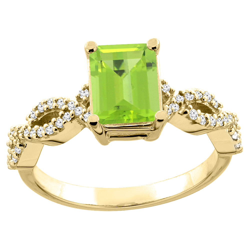 10K White/Yellow Gold/Yellow Gold Natural Peridot Ring Octagon 8x6mm Diamond Accent, sizes 5 - 10