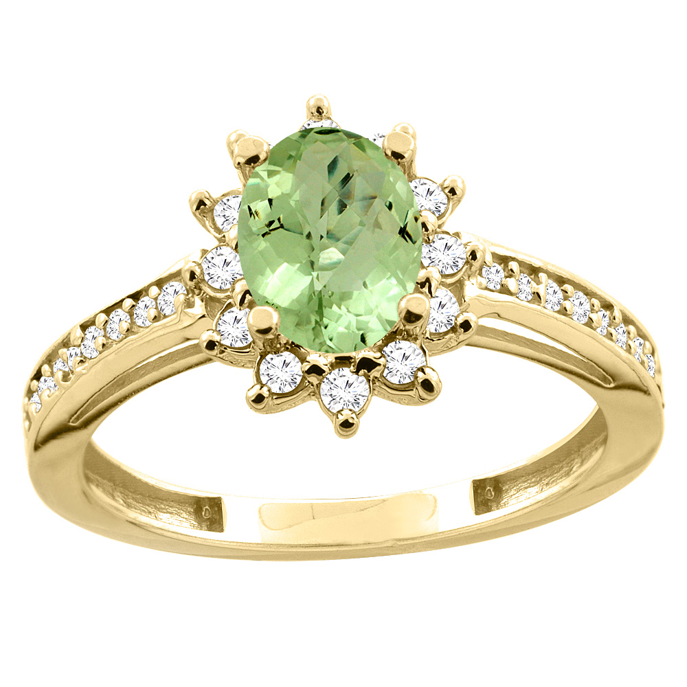 14K White/Yellow Gold Diamond Natural Peridot Floral Halo Engagement Ring Oval 7x5mm, sizes 5 - 10