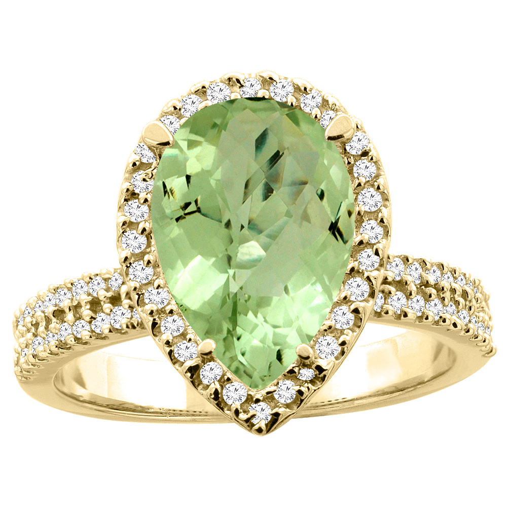 14K White/Yellow Gold Natural Peridot Ring Pear 12x8mm Diamond Accents, sizes 5 - 10
