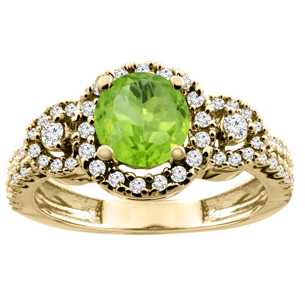 14K White/Yellow Gold Diamond Halo Natural Peridot Ring Round 6mm, sizes 5 - 10