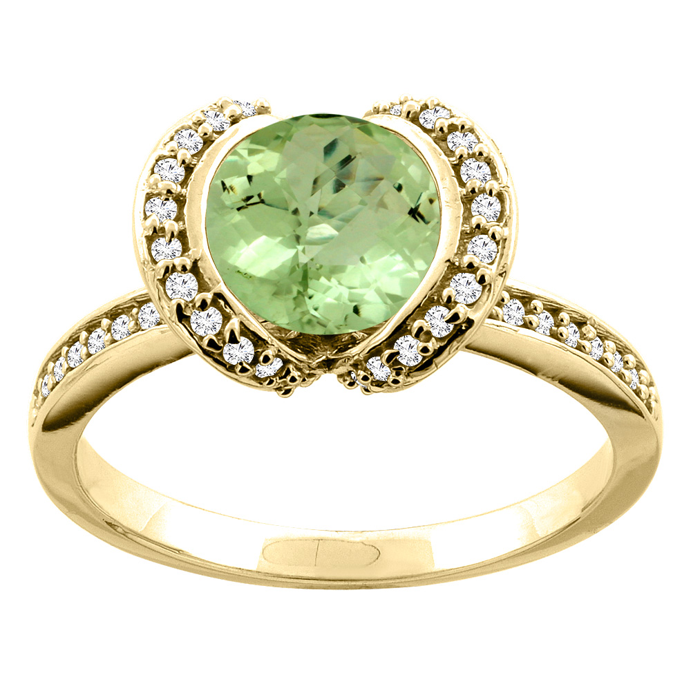 14K White/Yellow Gold Natural Peridot Ring Round 7mm Diamond Accent, sizes 5 - 10