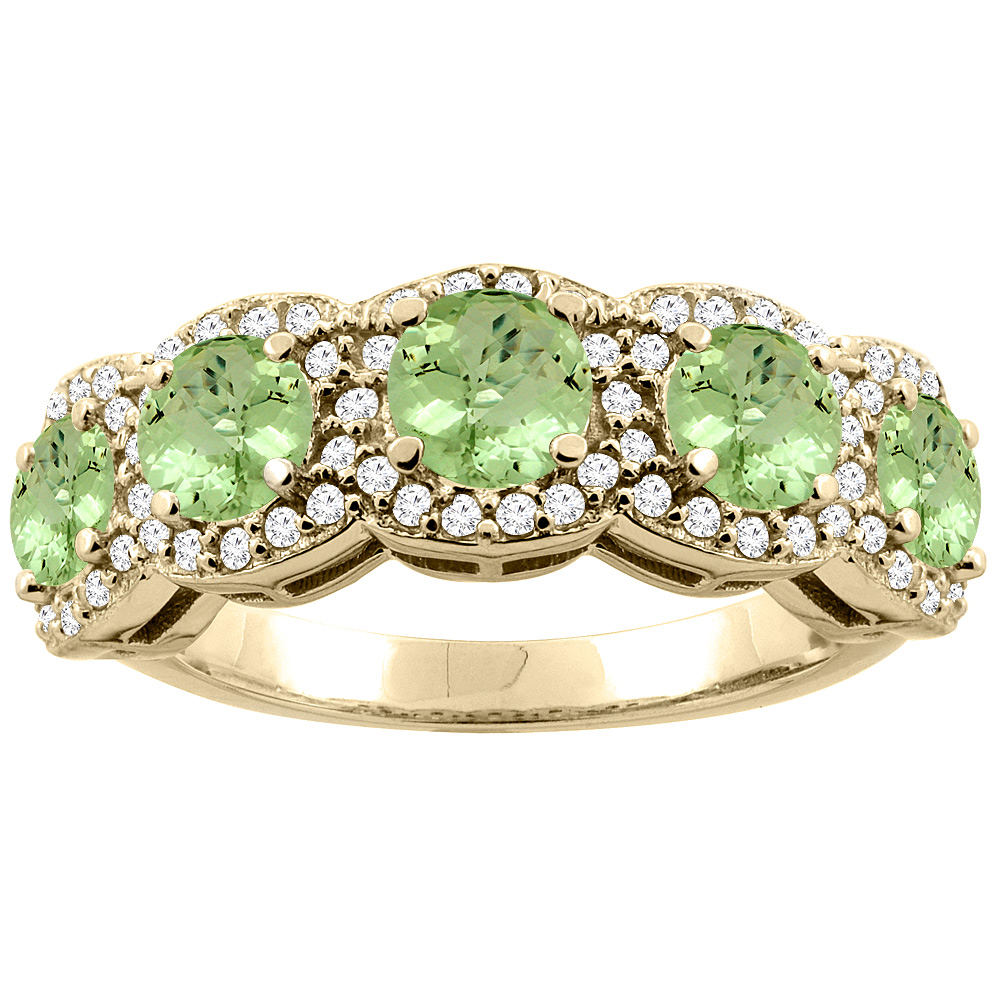 14K Gold Natural Peridot 5-Stone Ring Round 4mm, sizes 5 - 10