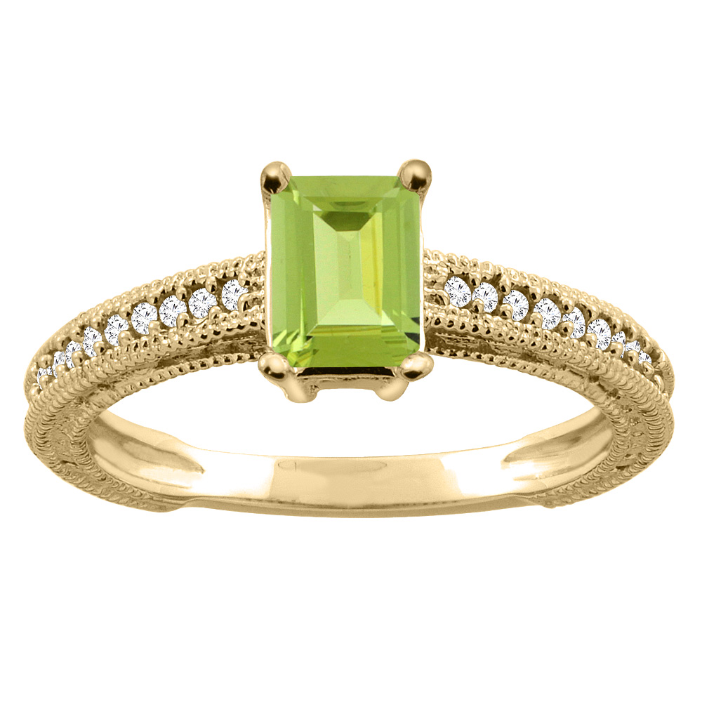 14K Gold Natural Peridot Engagement Ring Octagon 8x6mm Diamond Accents, sizes 5 - 10