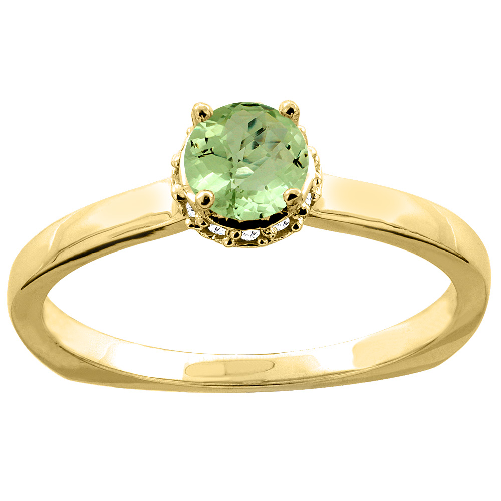 10K Yellow Gold Natural Peridot Solitaire Engagement Ring Round 4mm Diamond Accents, size 9.5