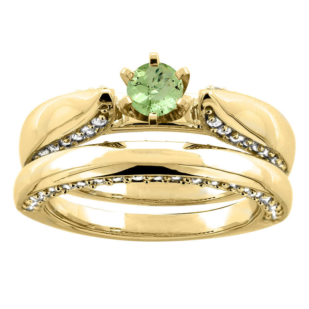10K Yellow Gold Natural Peridot 2-piece Bridal Ring Set Diamond Accents Round 5mm, sizes 5 - 10