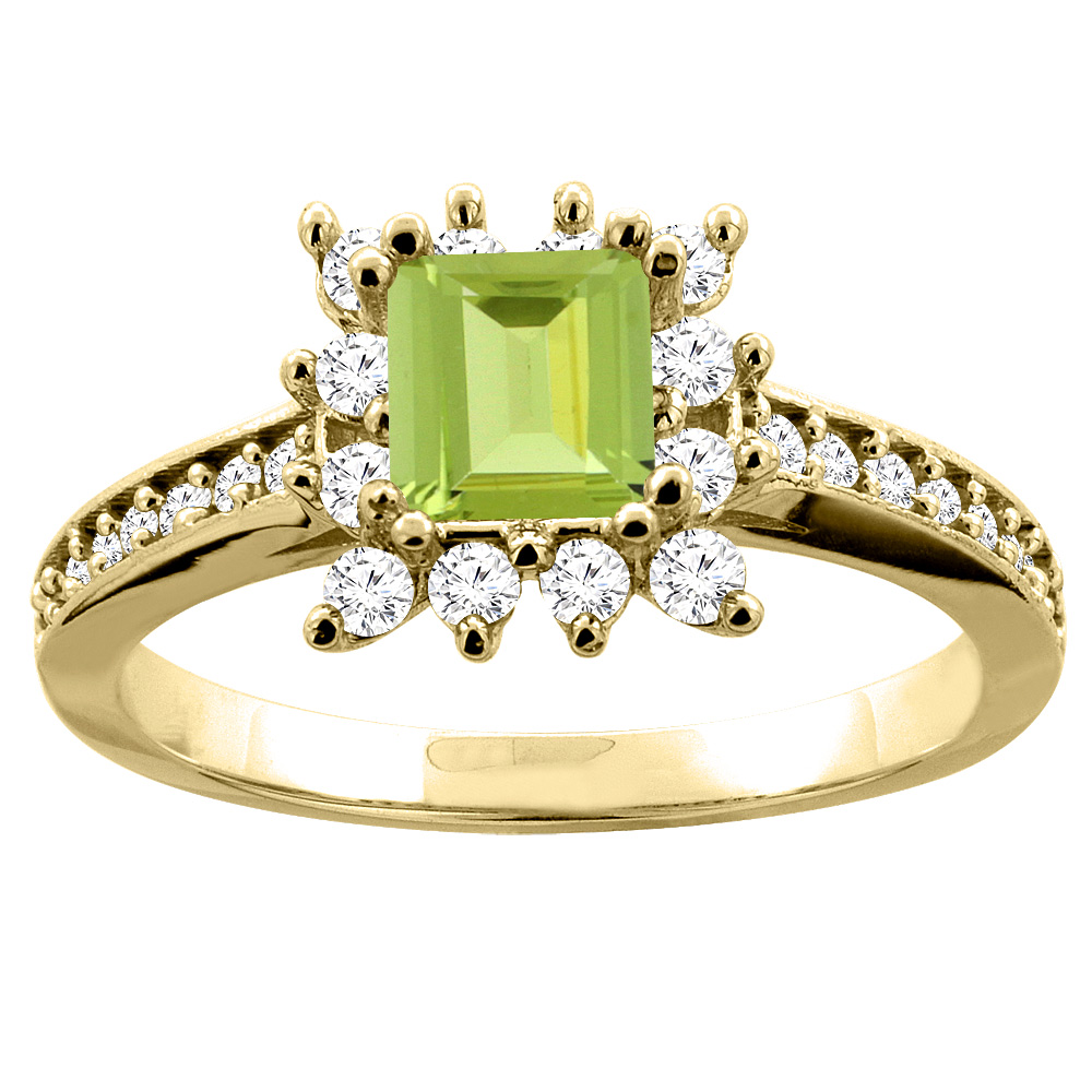 10K Yellow Gold Natural Peridot Engagement Ring Diamond Accents Square 5mm, sizes 5 - 10