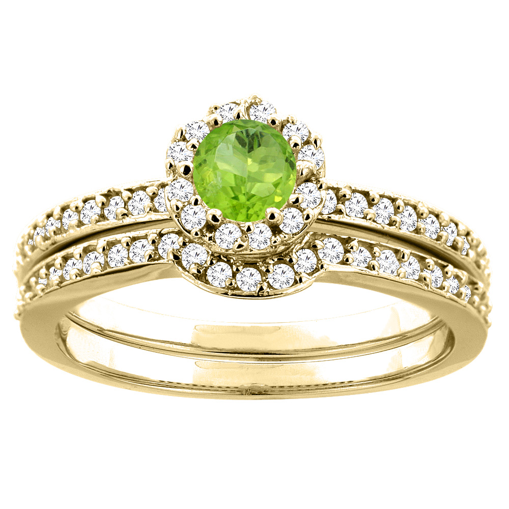 10K Yellow Gold Natural Peridot 2-pc Bridal Ring Set Diamond Accent Round 4mm, sizes 5 - 10