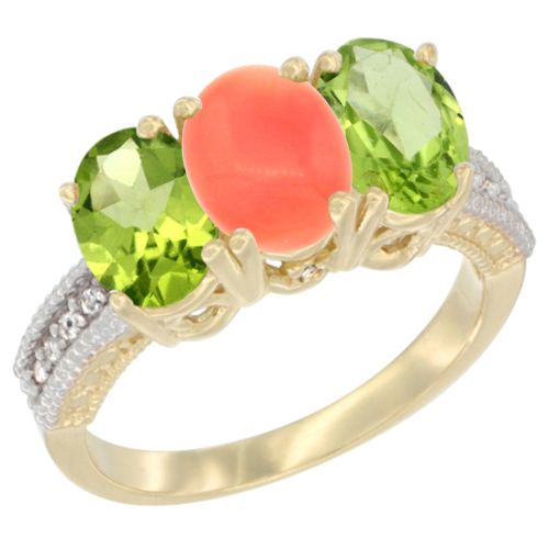 14K Yellow Gold Natural Coral & Peridot Sides Ring 3-Stone Oval 7x5 mm Diamond Accent, sizes 5 - 10