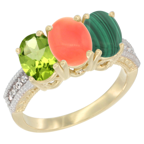 14K Yellow Gold Natural Peridot, Coral & Malachite Ring 3-Stone Oval 7x5 mm Diamond Accent, sizes 5 - 10