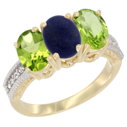 14K Yellow Gold Natural Lapis & Peridot Sides Ring 3-Stone Oval 7x5 mm Diamond Accent, sizes 5 - 10