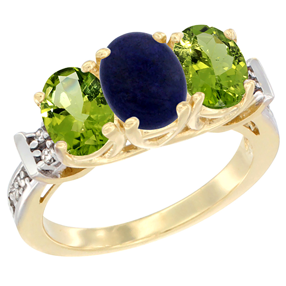 14K Yellow Gold Natural Lapis & Peridot Sides Ring 3-Stone Oval Diamond Accent, sizes 5 - 10