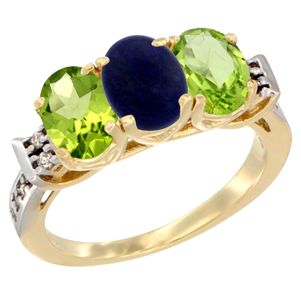 14K Yellow Gold Natural Lapis & Peridot Sides Ring 3-Stone Oval 7x5 mm Diamond Accent, sizes 5 - 10