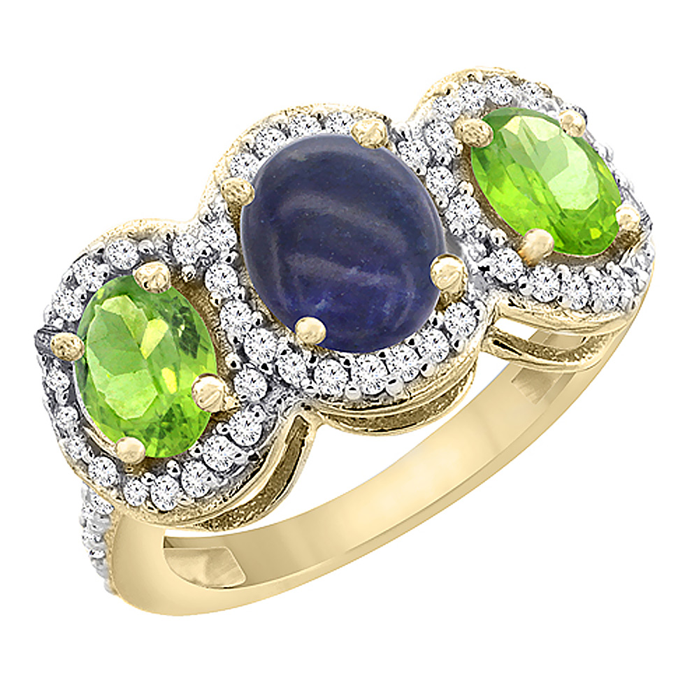 14K Yellow Gold Natural Lapis & Peridot 3-Stone Ring Oval Diamond Accent, sizes 5 - 10