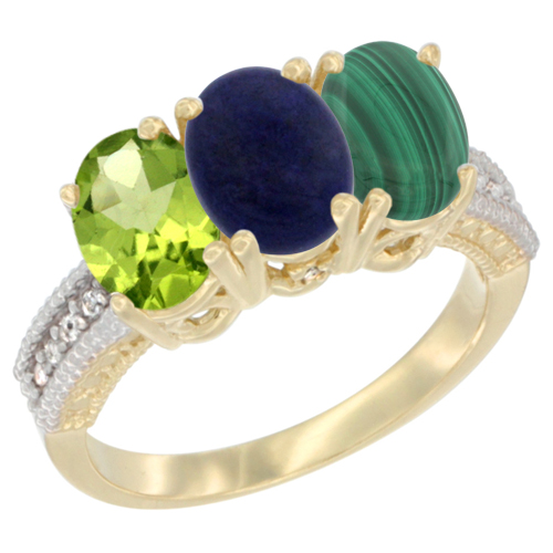 14K Yellow Gold Natural Peridot, Lapis & Malachite Ring 3-Stone Oval 7x5 mm Diamond Accent, sizes 5 - 10