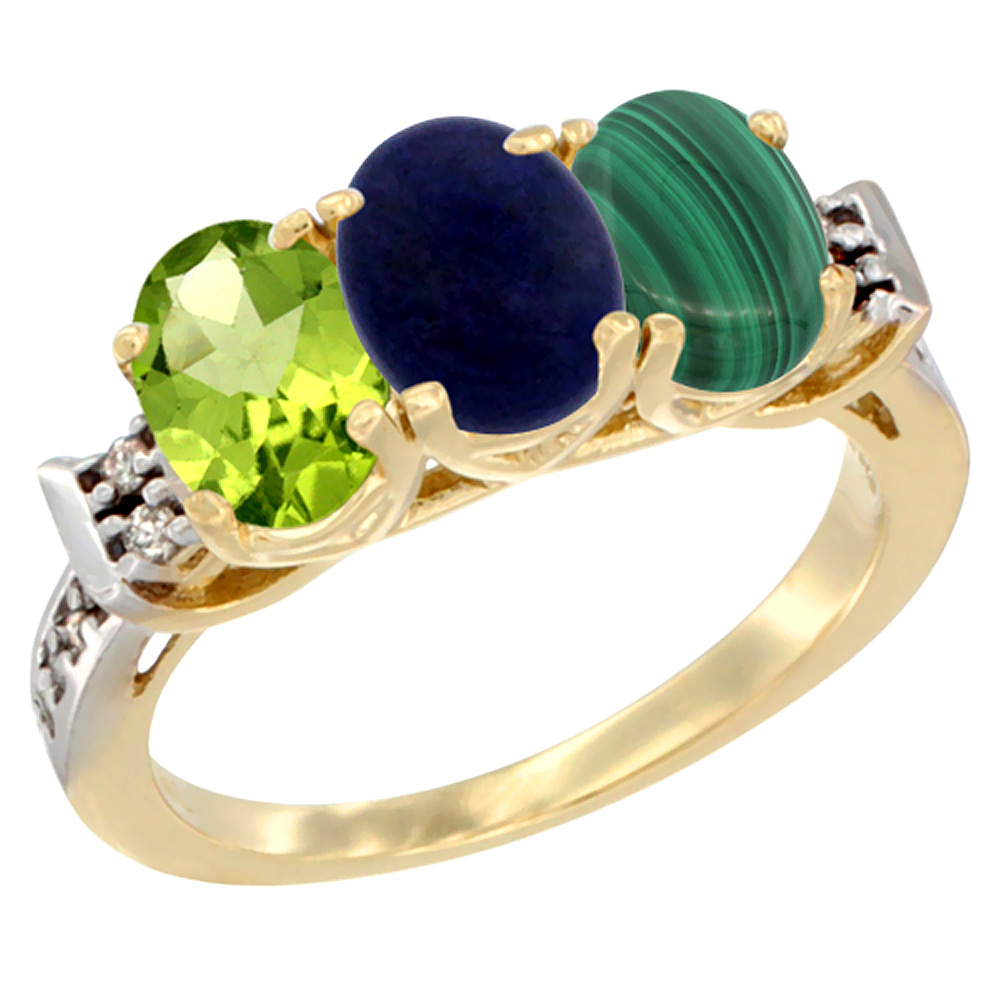 14K Yellow Gold Natural Peridot, Lapis & Malachite Ring 3-Stone Oval 7x5 mm Diamond Accent, sizes 5 - 10