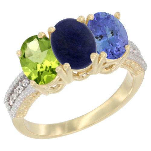 14K Yellow Gold Natural Peridot, Lapis & Tanzanite Ring 3-Stone Oval 7x5 mm Diamond Accent, sizes 5 - 10