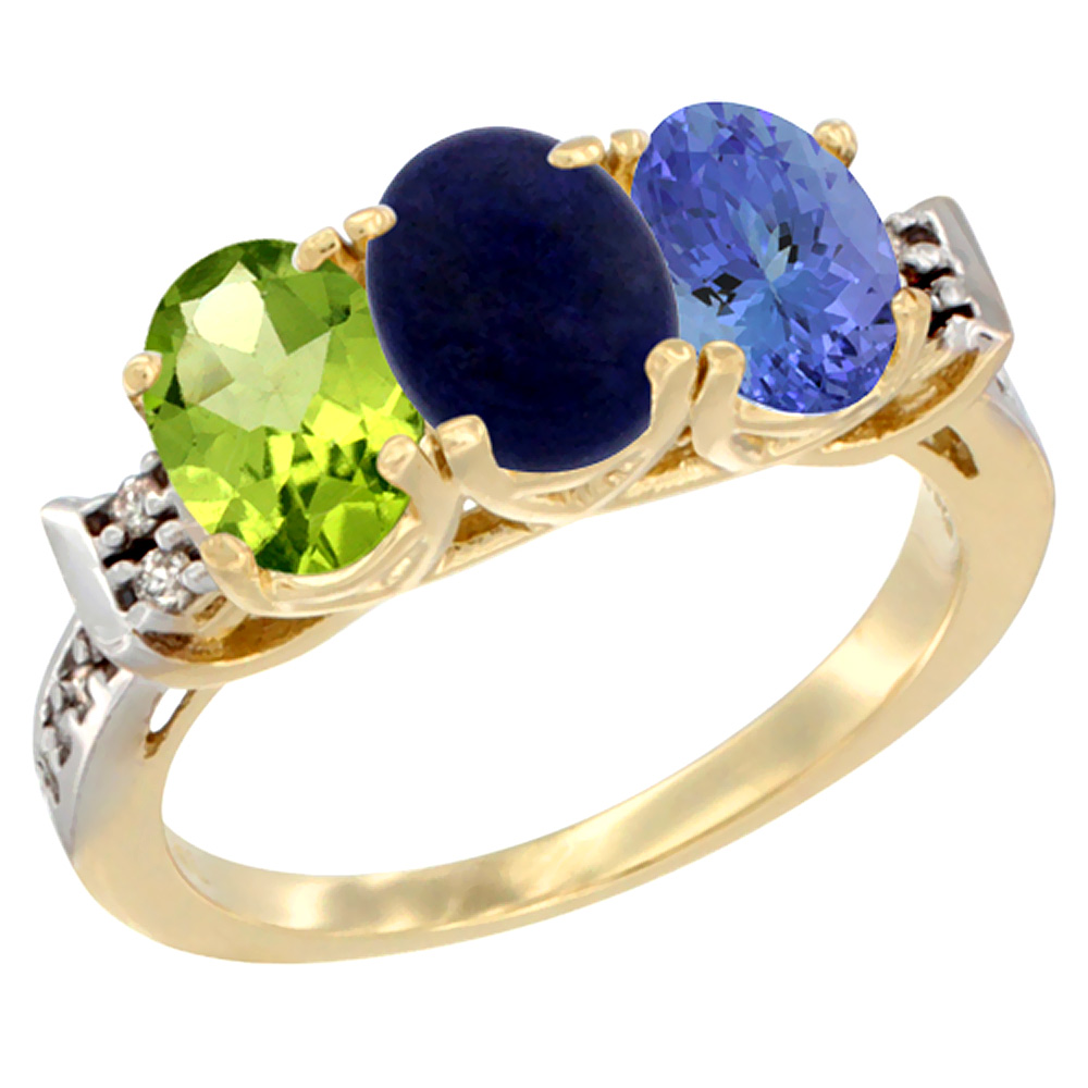 14K Yellow Gold Natural Peridot, Lapis & Tanzanite Ring 3-Stone Oval 7x5 mm Diamond Accent, sizes 5 - 10