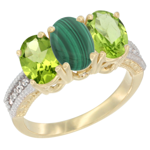 14K Yellow Gold Natural Malachite & Peridot Sides Ring 3-Stone Oval 7x5 mm Diamond Accent, sizes 5 - 10