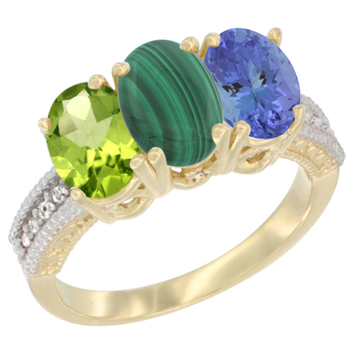 14K Yellow Gold Natural Peridot, Malachite & Tanzanite Ring 3-Stone Oval 7x5 mm Diamond Accent, sizes 5 - 10