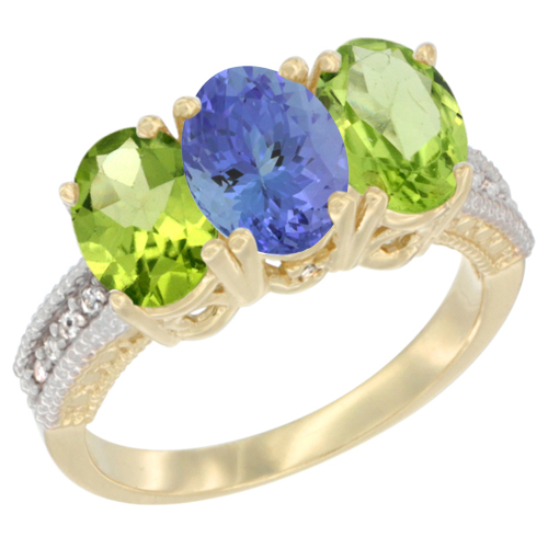 10K Yellow Gold Natural Tanzanite & Peridot Ring 3-Stone Oval 7x5 mm, sizes 5 - 10