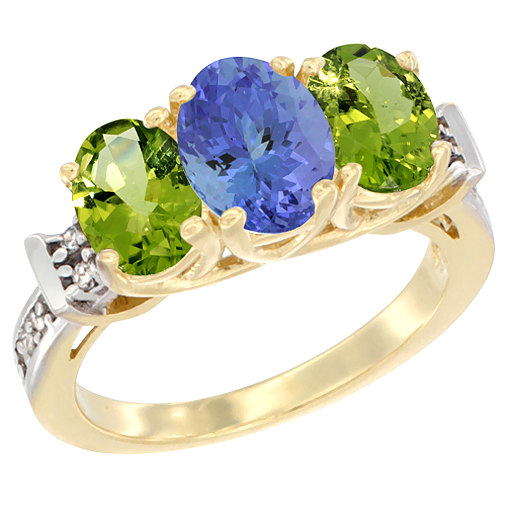 10K Yellow Gold Natural Tanzanite & Peridot Sides Ring 3-Stone Oval Diamond Accent, sizes 5 - 10